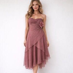 MONSOON Dusty Rose Strapless Silk Midi Dress Fairy Asymmetric Boho Cottagecore 8